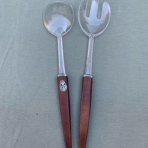 Vtg NASCO Japan Salad Servers Composite Brown Wood Handles Plastic Bowls 14"